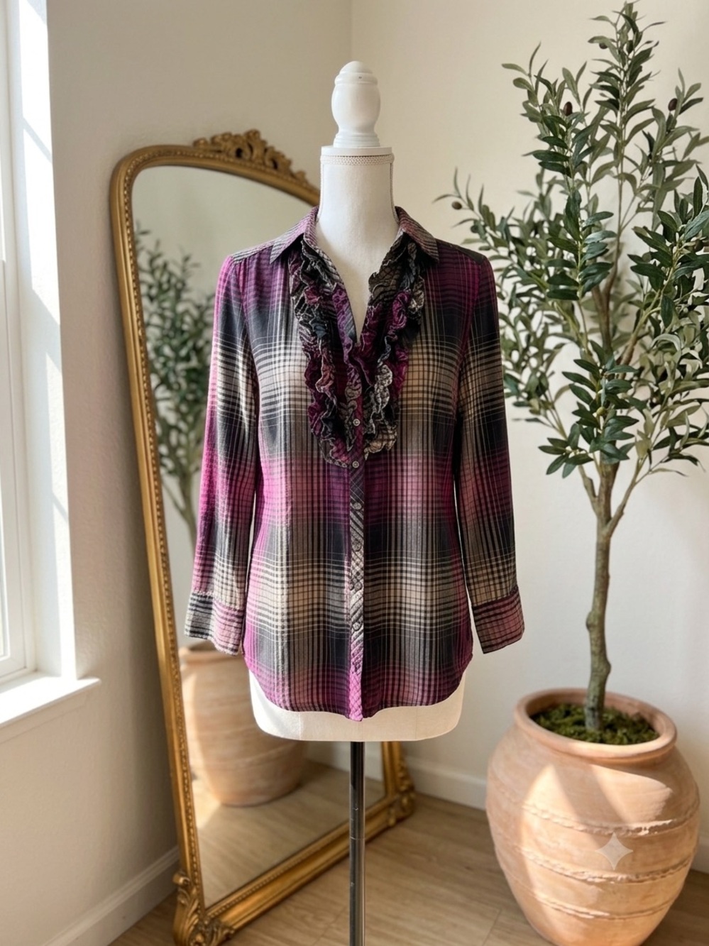 Joie Plaid Ruffle-Trim Button Down Top in Plum and Cream